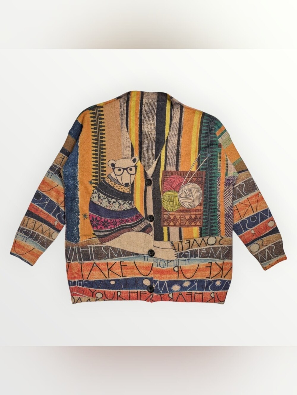 YESNO Knitting Bear Cardigan Sweater L Wool Cotton Boho Artsy Graphic Knit